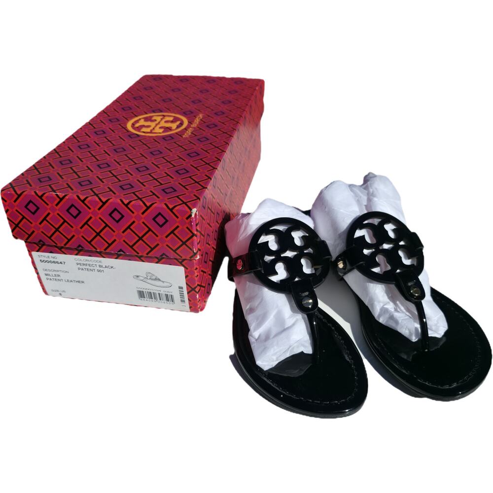 Tory Burch Miller Flip Flop Sz 8 Black Sandals New with box Patent Leather